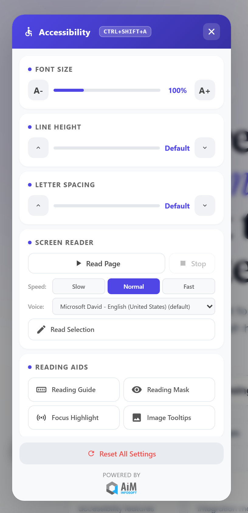 Accessibility settings panel showing font size, line height, letter spacing, screen reader text-to-speech with voice picker, reading aids (reading guide, reading mask, focus highlight, image tooltips) and page navigation.